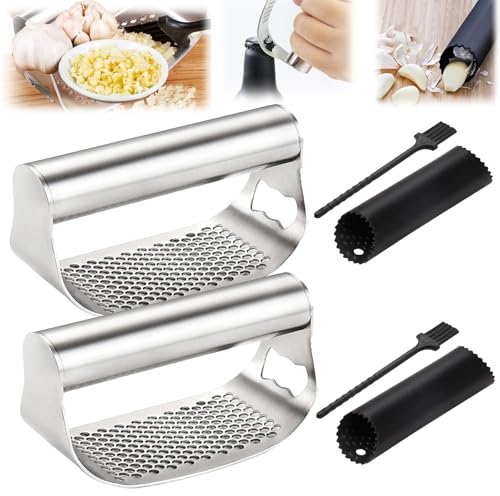 Spremiaglio in acciaio inox,Schiaccia Aglio Professionnel,Spremiaglio a Bilanciere in Acciaio Inossidabile,Spremi Aglio con Pelapaglio Silicone e Pennello,Lavabile in Lavastoviglie (2pcs)