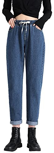 PODOLIXIA Jean 7/8 pour femme, carotte, capri, taille haute, denim, pantalon crayon, pantalon d'été, avec poches, élastique, coupe droite, délavé et délavé, bleu foncé, L