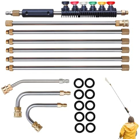 Shurzzesj Herramientas de limpieza de canalones desde el suelo, juego de limpiador de canalones, barra de extensión de 4000 PSI, conector de 1/4 pulgadas, 6 boquillas para canalón