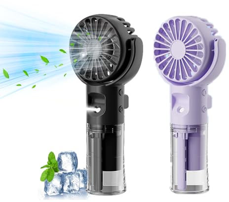Xevinas Lot de 2 mini ventilateurs portatifs avec brume d'eau, 4 modes et sangle de clé, réglables à 180 °, portable, rechargeables, batterie USB, pour bureau, voyage, camping