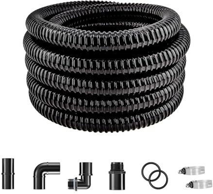 LONGRUN 32mm Pond Hose Pipe, 1.25 Dia Black Garden Corrugated Flexible Hose with Clamps Fitting, 7.2 Metres Length