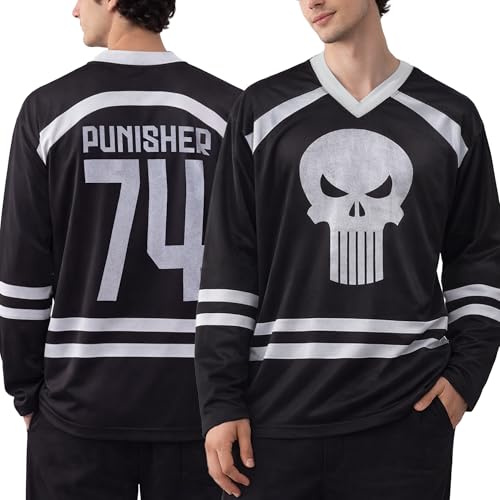 Marvel Men's Long Sleeve Mesh Hockey Jersey - Spider-Man, Punisher, and Mickey Graphic Hockey Jerseys for Men (Sizes: S-XL), Black Punisher, XL