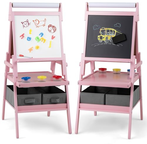 COSTWAY 3 in 1 Kids Art Easel, Double-Sided Toddler Drawing Board with Magnetic Whiteboard & Chalkboard, Paper Roll, 3 Paint Cups, Storage Bins and Racks, Children Easels for 3-6 Yeas Old (Pink)