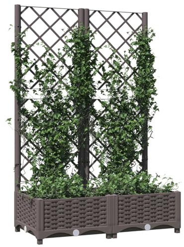 Fioriera da giardino marrone con traliccio, 80 x 40 x 121,5 cm, in polipropilene resistente, contenitore per piante da esterno, traliccio per piante rampicanti, supporto decorativo per piante
