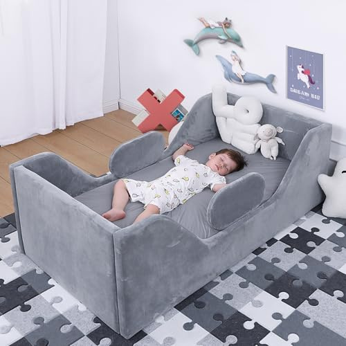 Lit pour tout-petit, lit pour enfant pour les enfants avec largeur de sécurité supplémentaire, lit à barreaux pour tout-petit de taille standard avec tissu certifié (Gris)