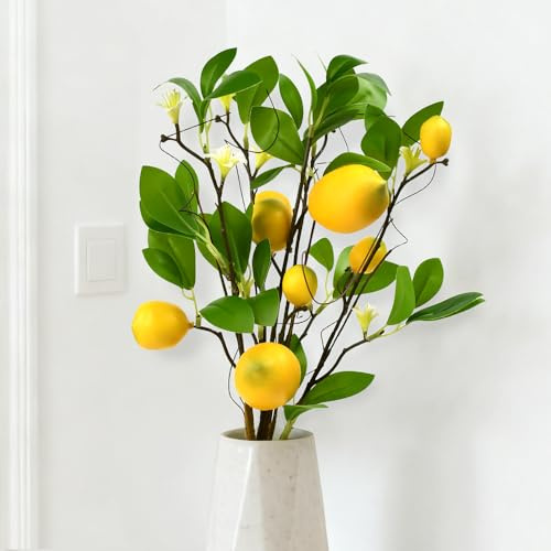 VGECEE Rami di Limone Artificiale con 8 Teste di Limoni Gialli Finti Lunghezza 48 cm Frutta Decorativa Schiuma Limone Giallo Limoni Realistico Artificiali Frutta Ramo Simulazione per Centrotavola