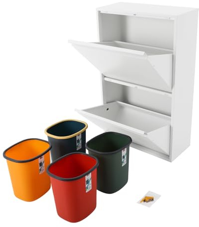 Steeviuzj Poubelle de cuisine, système de tri sélectif à 4 compartiments, avec 4 bacs de 15 l, armoire pour tri des déchets, montage mural possible, design moderne, blanche