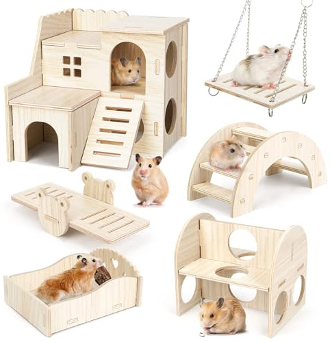 Hamster House, Pack of 6 Wooden Hamster House Toys for Hamsters Made of Wooden Hamster Chew Toy Hamster Hiding Place House Training Toy for Chinchilla, Guinea Pigs, Gerbil