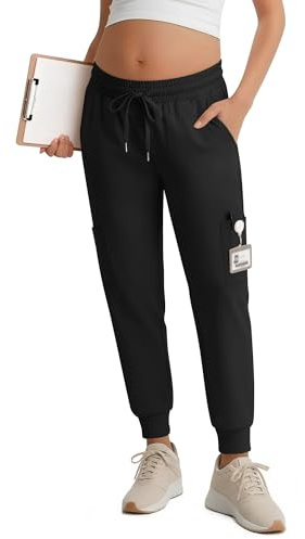 Xaatren Women's Maternity Scrub Pants with 46 Pockets Workwear Pregnancy Joggers Drawstring Over The Belly Medical Bottoms Black