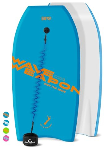 Own The Wave 33 Body Board for Kids and Adults - HDPE Slick Bottom & EPS Core - Lightweight Body-Board for Beach and Surfing - Comes with Coiled Arm Leash and Fin Leash (Blue & Orange)