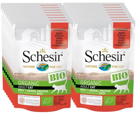 Schesir BIO, Alimento Umido Completo per Gatti, Patè di Manzo, Senza Cereali, in Busta, Gluten Free, 16 x 85 g