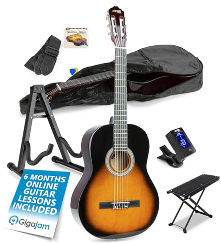 Max SoloArt Sunburst Classic Acoustic Guitar Starter Kit, Stand, Footrest | Nylon strings, lightweight design, adults & kids, classical build, 6-Month Lessons