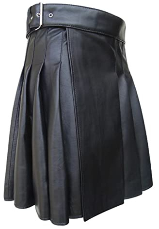 Gonna in pelle da uomo in pelle PU kilt scozzese gotico punk scozzese gonna media lunga festival kilt moda ecopelle pieghettata tradizionale Highland Kilt, Nero , L