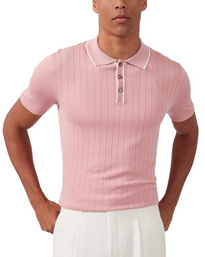 Kallspin Men's Knit Polo Shirts Short Sleeve Jumpers Golf Shirts Summer Beach Tops(Pink Large