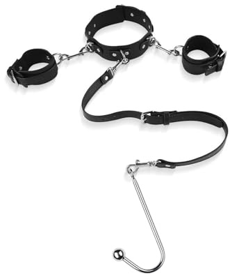 Ensemble BDSM Bondage Menottes en Cuir Buttplug en Métal Collier Fétichiste Crochet Anal Ensemble de Bondage Extrême avec Menottes Crochet Anal Jouet Sexuel Érotique SM pour Couples Femmes et Hommes