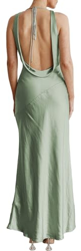 Vestido Largo de satén con Cuello Vuelto sin Mangas, Espalda Descubierta, para invitada de Boda, de Seda, Espalda Abierta, Lazo en la Espalda, Vestidos Formales para Mujer 2024, Salvia, XL