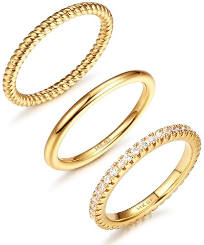 Adramata 3Pcs Bague Femme Or 14 Carats Empilables Mince Alliance Minimaliste Knuckle Bagues de Déclaration Doigt Boho Bijoux
