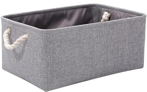Webeasy Small Storage Box with Handles, Foldable Wardrobe Baskets for Storage, Canvas Linen Storage Baskets for Clothes, Toys, Towels, Office Products, 36cm x 26cm x 16cm, (Grey)