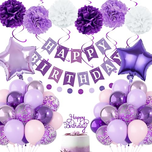 Decorazioni di compleanno viola per donne e ragazze, striscioni di viola palloncini, palloncini pompon, kit di palloncini per la festa di compleanno