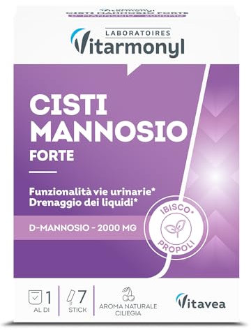 Cisti Mannosio Forte - Comfort Urinario - D Mannosio 2000 mg - Cistite - Drenante - Funzionalità Vie Urinarie - Con Ibisco e Propoli - 7 stick - Vitarmonyl