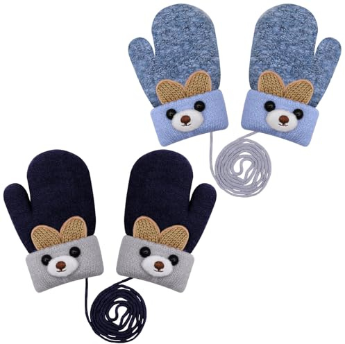 KASURE 2 Pairs Kids Thick Knitted Gloves, Cute Cartoon Hang Neck Mittens, Full Finger Gloves with String, Toddler Baby Winter Warm Mittens for 1-3 Years Old Boys Girls (Blue and Navy Blue)