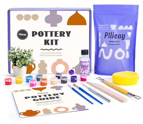 Pllieay DIY Töpferset für Anfänger - Lufttrocknendes Heimtöpferset für Erwachsene, Keramik Bemalen Set Mit Ton, Werkzeuge, Farben, Pinsel, Anleitung (0.5kg)