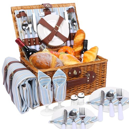 HYBDAMAI Picknickkorb Set für 4 Person mit Kühlfach und wasserdichte Picknickdecke, Abnehmbarer Riemen, Besteck Set, für Camping, Strand, Wandern, BBQ und Familie/Paare Geschenke, Zubehör