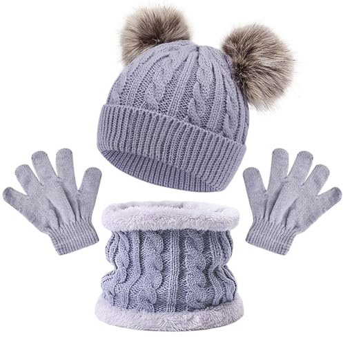 JSTHHTT 3 in 1 Conjunto de Gorro Bufanda y Guantes Niños, Térmico Pompón Beanie Gorro, Sombrero de Punto Invierno Cálido con Pompon, para Niños Niñas 2-4 Años