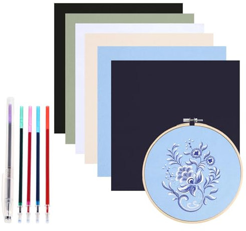 Telooco Baumwolle Stoff zum Sticken 6 Farben Kreuzstich Stoff mit 5 Farben Wasserlöslicher Stifte, 30 cm Quadrat Stickerei Stickstoff Stramin zum Sticken Cross Stitch Stick- und Nähprojekte DIY