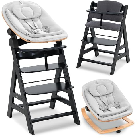 hauck Seggiolone Alpha+ Newborn Set Eco Bouncer - Seggiolone Pappa Bimbi in Legno dalla Nascita con Sdraietta Neonato 2in1 Regolabile e Cuscino - Nero