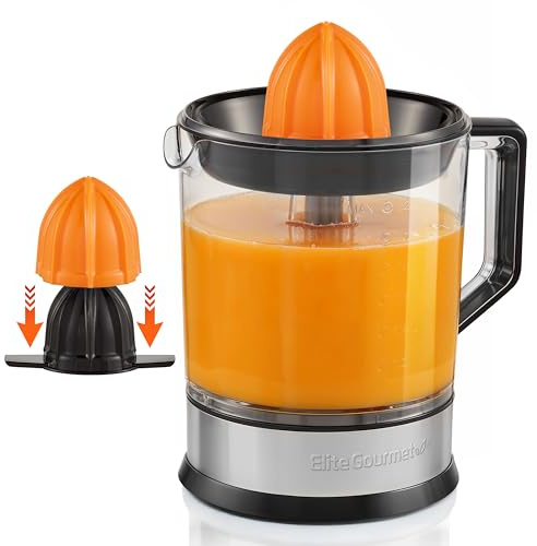 Elite Gourmet ETS047 BPA-Free 40-Watt Electric Citrus Juicer with 2 Cones, Compact, Large Volume, Pulp Control, Oranges, Lemons, Limes, Grapefruits with Easy Pour Spout, 1.2L, Black/Stainless Steel