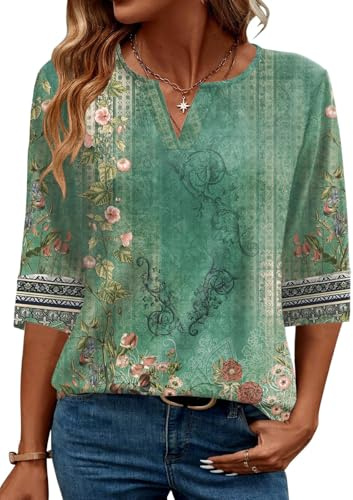 AKEWEI Womens Shirts Summer 2026 Fashion Trendy 3/4 Length Sleeve Top Blouses Dressy Casual Business Tops Green Ethnic Floral L