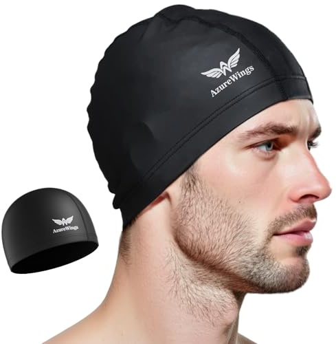 AzureWings Fabric Swim Cap for Adult Women Men,Soft Comfortable Swim Caps, Upgrade Silicone Waterproof Layer, Lightweight and High Stretch One Size Hat (Black)