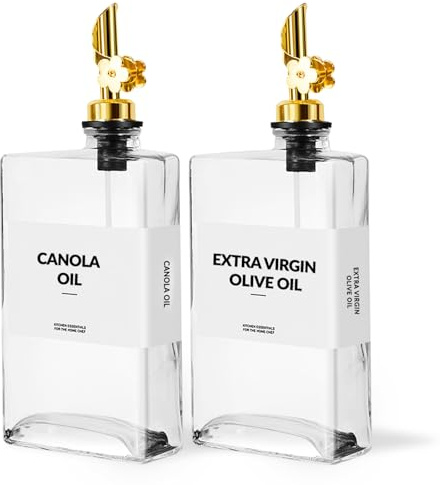 Skleptix 2pack Glass Oil Dispenser,Kitchen Olive Oil Bottle with Plum-Shaped Auto-Open Pourer,Oil and Vinegar Dispenser Set with Silicone Funnel&40 Waterproof Labels(Transparent,350ml/11.8 oz)