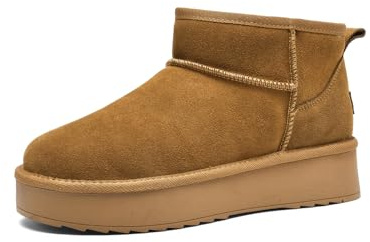 GemChve Bottines Fourrées Femme,Chaussure Hiver Boots Chaude Confortables Antidérapant Botte de Neige Femme Empeigne en Cuir Suédé Brown 37 EU