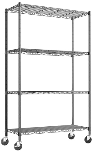 Klyvvo Metall Regal mit Rollen auf 4 Regalböden, Metallregal mit Rollen Vorratsregal Höhenverstellbaren Einlegeböden für Küche,Badezimmer,Garage,Gewächshaus,Vorratskammer, Maximalgewicht 200kg,Schwarz
