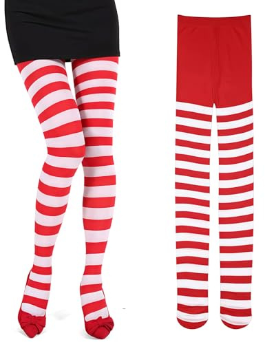THXFUNAREA Medias a Rayas Rojas y Blancas Mujer – Pantys Rayados para Carnaval, Disfraz, Cosplay y Fiestas Temáticas