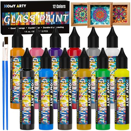 HOMY ARTY Pintura para Cristal 12 x 30 ml con 3 Pinceles, Pintura Vidrio