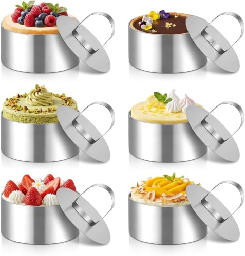 Dexpally6 Piezas Anillo para Tartas de Acero Inoxidable, Anillo de Mousse Anillo de Pastel con Tapas, para Hornear y Repostería, para Fiesta Cumpleaños Tienda Postres (8cm)