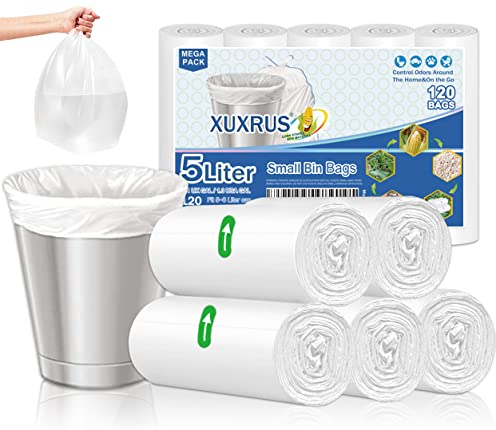 XUXRUS 5 Liter Small Trash Bin Bags Pedal Bin Liners Garbage Bags Wastebasket for Bathroom Kitchen,Office120 Count,White (Fits 5 6 7 8L Bins)
