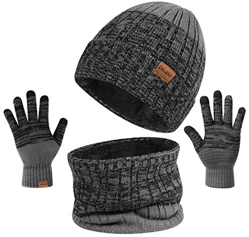 TAGVO 3in1 Bonnet d'hiver Bonnet Écharpe Ensemble de Gants pour Homme Femme, Doublure Molleton Doux Chapeau tricoté Chaud Cache-Cou Extensible Gants tactiles à 3 Doigts,Packs Bonnet, écharpe et Gants