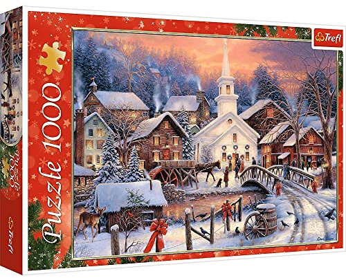 Christmas Winter Village 1000 Piece Jigsaw Puzzle by Trefl – Scenic Snowy Church & Horse-Drawn Carriage Landscape – Large 68.3 x 48cm Adult Puzzle Gift – Relaxing Festive Holiday Winter Scene Jigsaw
