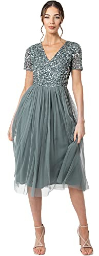 Maya Deluxe Abito da Sera Midi Impreziosito da Donna, Scollo a V con Maniche Corte, per Ballo di fine Anno, Matrimonio Vestito per Damigella d?Onore, Verde Nebbia, 44 EU, 16 UK