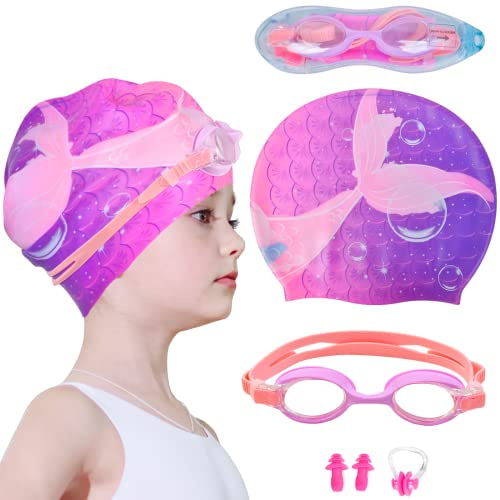 AuSletie Kids Swim Caps for Girls, Toddler Silicone Swimming Cap for Kids, Durable Comfortable Swimming Caps for Girls