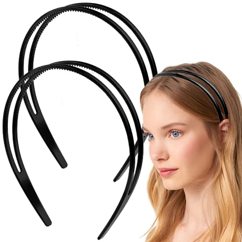 Dazzhues 2 Count Simple and Chic Headbands, Plastic Hair Styling Headband with Non-slip Double Row Teeth Design for Women, Black (1 Pack of 2)