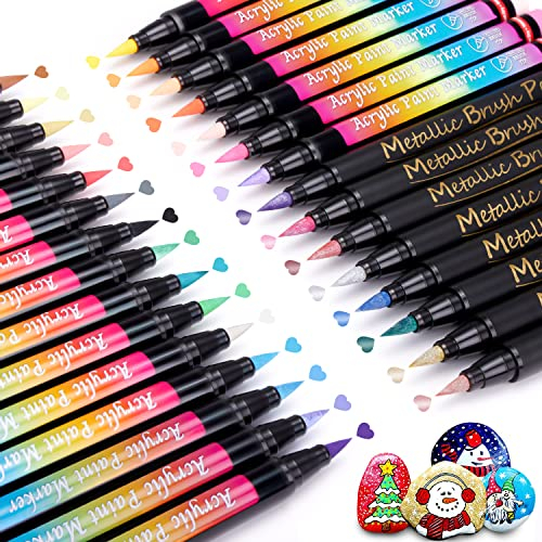 Acrylstifte Marker Stifte 30 Farben Acrylstifte für Steine Bemalen Wasserfest Multimarker Acrylmarker mit 8 Metallic Stifte für Holz, Rock, Glas, Papier, Keramik, Ostern Deko, Geschenkekarte