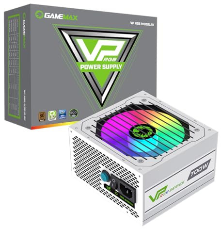 GameMax VP-Series 700W 80 Plus Bronze Power Supply (No Power Cord Included) - 700W GameMax VP-Series VP-700-RGB, Semi-Modular, Single Rail, 120mm RGB Fan, ATX PSU | White