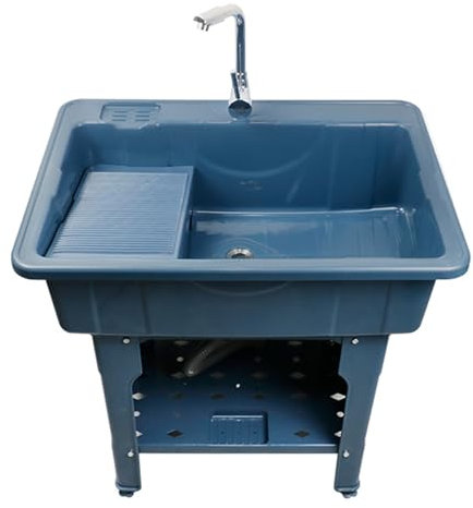 Fregadero para Lavandería Fregadero de Lavandería Multifuncional con Grifo Monomando Fregadero de Lavandería Independiente de Plástico con Tabla de Frotar Pies Ajustables Diseño de Borde Resistente Al