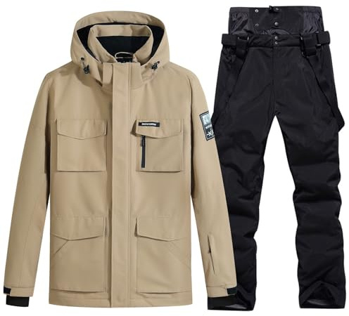 HOUZONIY Skiddräkt för män, overall, ventilerande, vindtäta, snöbyxor, snöjacka med avtagbara huvor, för skidåkning, snowboard, skiddräkt, Khaki + svart, S