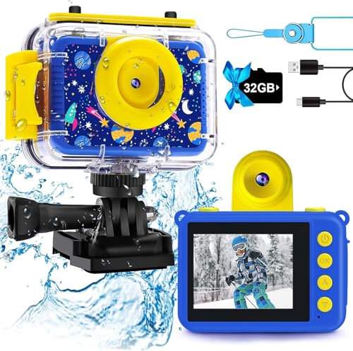 GKTZ Kinderkamera wasserdichte,Unterwasserkamera - Fotoapparat für Kinder mit 32GB SD, 1080P Digitalkamera Spielzeug für 3-12 Jahre (Dark Blau)